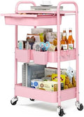 KINGRACK 3 Tier Metal Rolling Cart with Drawer, Pink Utility Storage Cart by KINGRACK
