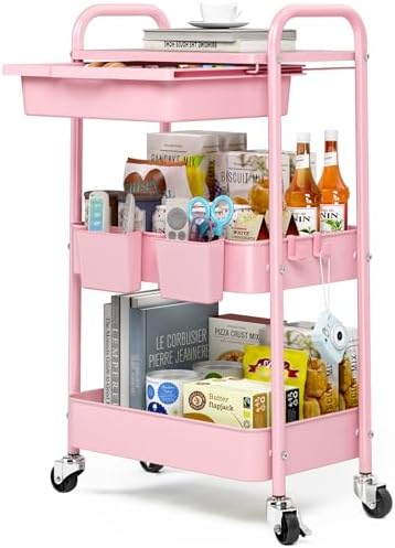 KINGRACK 3 Tier Metal Rolling Cart with Drawer, Pink Utility Storage Cart by KINGRACK