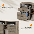 VINGLI Wide 4 Drawer File Cabinet with Lock, Rustic Grey Rolling File Cabinet with Open Shelves, Lockable Printer Stand, Letter Sized - Image 4