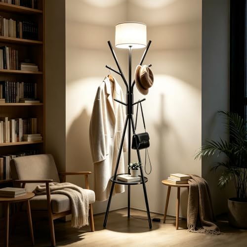 Black Coat Rack Floor Lamp, Metal Standing Lamp with Storage Table, 3 Color Dimmable Tall Lamp with Multi Hooks Coat Rack, Corner Floor Light for Living Room Bedroom Apartment Entryway by Ourlightingisspecifled