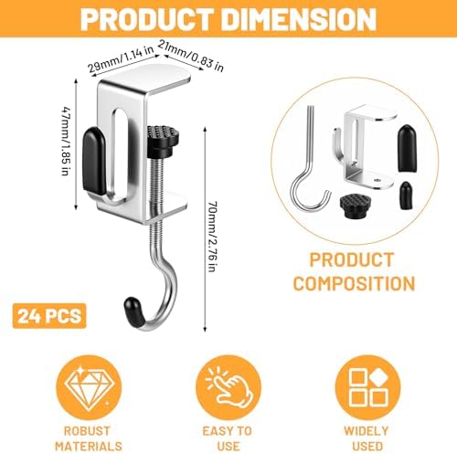 24PCS Adjustable Purse Hook, Heavy-Duty Metal Clamp Hook for Table and Desk, Tool-Free Under Desk Hanger Holds Up to 22lbs for Office Home Dorm Kitchen - Image 2