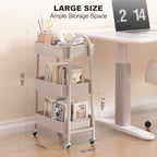 EAGMAK 3 Tier Rolling Cart, Large Metal Storage Cart with Handle and Lockable Wheels, Big Multifunctional Storage Organizer Trolley with Mesh Baskets for Kitchen, Living Room, Office, Garage (Beige) - Image 2