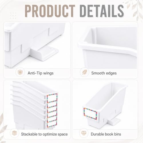 gisgfim 6 Pcs Non-Tip Book Bins with Stabilizer Wings (White) - Image 3