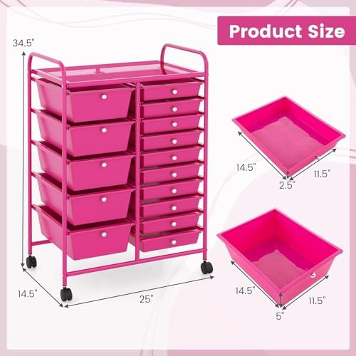 LDAILY 15 Drawer Rolling Storage Cart, Rolling Cart with Drawers for Classroom, Art Supply Craft Organizer on Wheel with Metal Frame & Handles for Home Office School - Image 3