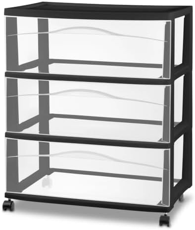 Sterilite 2 Pck Wide 3 Drawer Storage Cart Plastic Rolling Organizer, Black - Image 4