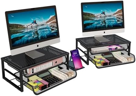 Ekisemio 2-Pack 2-Tier Monitor Stand Riser with Drawer, Metal Computer Desk Organizer for Home Office, Black by Ekisemio