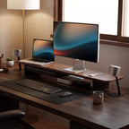 Fenge 42.5" Dual Monitor Stand with Storage Drawer & Solid Wood Legs, Brown - Image 2