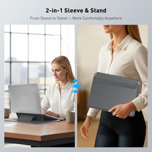 AboveTEK Laptop Sleeve Case for 13-14 inch MacBook Air/Pro, Slim Laptop Case with Stand, Ergonomic Wrist Rest & Mouse Pad, Waterproof Anti-Scratch Leather Bag for 13-14 Surface HP, Grey - Image 2