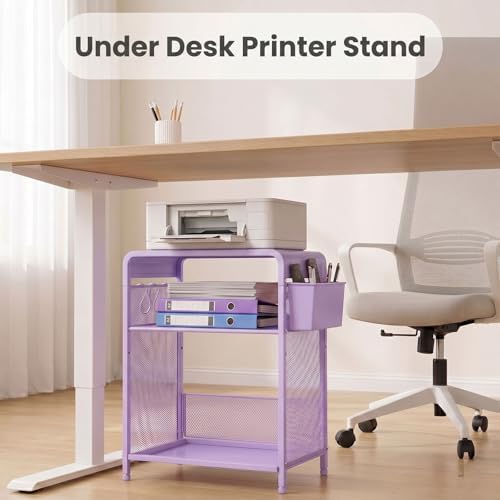 ECOLOVI Small 3 Tier Printer Stand for Under Desk, Height Adjustable Shelf Printer Table with 3 S-Hooks & Basket, Heavy Duty Industrial Storage Shelf for Home Office (Purple) - Image 4