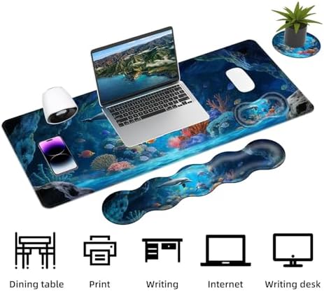 Keyboard Mouse Pad Set, Extended Gaming Mouse Pad+Ergonomics Keyboard Wrist Rest Support, Memory Foam, Easy Typing Pain Relief, 4Pcs XL Ultra Thick Desk Mat,Underwater World Dolphins - Image 3