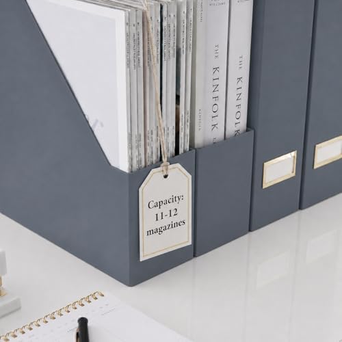 BLU MONACO | Set of 6 Foldable Grey Magazine File Holders with Gold Label Holders | Vertical File Organizer Boxes for Desk, Bookshelf & Home Office Storage - Image 5