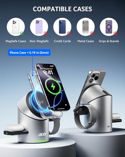 Acer Prime 3 in 1 Charging Station for Apple - Magnetic iPhone Wireless Charging Station, Magsafe Charger Stand for iPhone 17 16 15 14 13 12 - Apple Watch - Airpods Series (Charger & USB-C Included) - Image 4