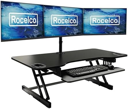 Rocelco 45" Height Adjustable Standing Desk Converter with Triple Monitor Mount and Slide Out Retractable Keyboard Tray - Sit Stand Up Three Screen Tabletop Riser Workstation - Black (R ADRB-45-DM3) - Image 2