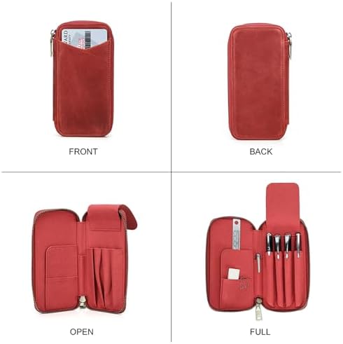 CONTACTS Full Grain Leather Pencil Case for Women Handmade Vintage Zipper Pen Holder Pouch with Card Slot Pens Organizer Pockets Stationery Bag (Red) - Image 7