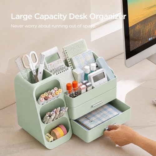 HBlife Desk Organizer with Pen Pencil Holder for Desk, Pen Organizer with 2 Drawers, Desk Organizers and Accessories with 4 Compartments, Desktop Storage for Office Home School Art Supplies, All Green - Image 2