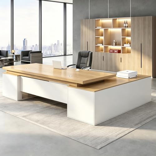 Executive Desk, L Shaped Executive Office Desk with Locking Drawer & File Cabinet, 1'' Thick Desktop, Large Office Desk with Storage, Modern Executive Computer Workstation for Home Office & Business by Unknown