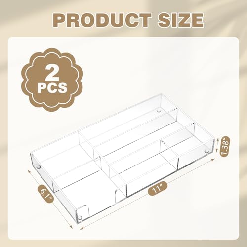 Briwooody 2 Pcs Clear Acrylic Desk Drawer Organizer 11 x 6 x 1.38 Inch Drawer Organizer Trays with 4 Compartments Desk Accessories for Office Makeup Silverware Bathroom - Image 7