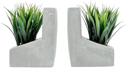 MyGift Decorative Bookends, Heavy Duty Book Ends with Artificial Green Grass Plants, Book Stands for Office Desktop, Bookshelf, Modern Gray Concrete L-Shaped - Image 7
