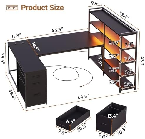 SEDETA 64.5" Reversible L Shaped Gaming Desk with Storage Drawers, Shelves - Image 2