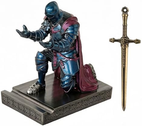 Medieval Armored Knight Pen Holder Figurine Paperweight Phone Stand Blu&Pur - Image 2