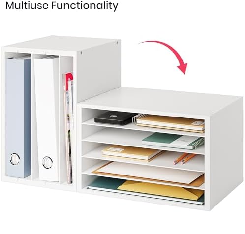 Ballucci 5 Tier Paper Organizer Letter Tray, Wood Desk File Organizer with Adjustable Shelves, Home Office School Letter/A4 Mail Sorter Magazine Holder - White - Image 5