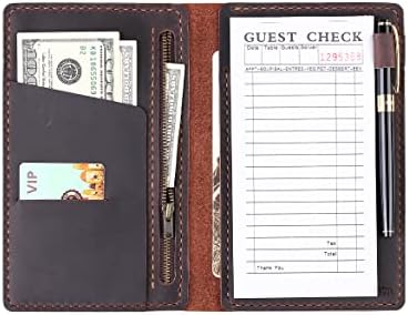 Server Book Organizer with Zipper Pocket, Genuine Leather Restaurant Guest Check Presenters Card Holder for Waitress, Waiter Accessories Fit Server Apron - Coffee by Robrasim