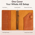 Genuine Leather Journal Cover A5 – Refillable Notebook Organizer with 3 Elastic Bands, Card Slots, Pen Holder & Interior Pockets, Fits 5.8" x 8.3" Notebooks (Paper Not Included), Warm Brown - Image 4