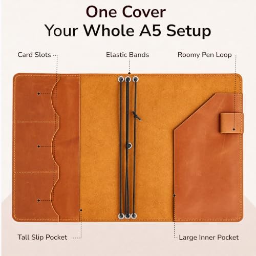 Genuine Leather Journal Cover A5 – Refillable Notebook Organizer with 3 Elastic Bands, Card Slots, Pen Holder & Interior Pockets, Fits 5.8" x 8.3" Notebooks (Paper Not Included), Warm Brown - Image 4