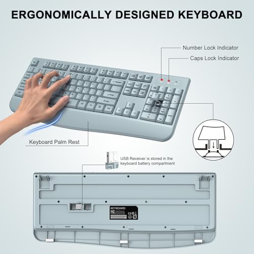 Wireless Keyboard and Mouse Combo, ULSOU 2.4G Full-Sized Ergonomic Computer Keyboard with Wrist Rest and 3 Level DPI Adjustable Wireless Mouse for Windows, Mac OS Desktop/Laptop/PC(Grey) - Image 2