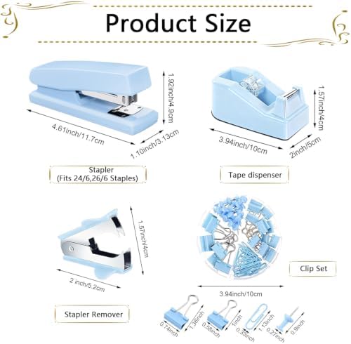 Office Supplies,Blue Desk Accessories,Stapler and Tape Dispenser Set with Stapler,Tape Dispenser,Staple Remover,Staples,Clips,Scissors and Tabs,Gift for Student,Teacher,Coworkers,Business,Gift 9pcs - Image 5