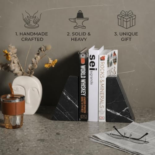 Koville Marble Bookends for Shelves, Natural Stone Book Ends for Large Books, Heavy Duty Bookends, Decorative Bookends for Office Home Kitchen Decor, Unique Modern Book Ends(Black) - Image 7