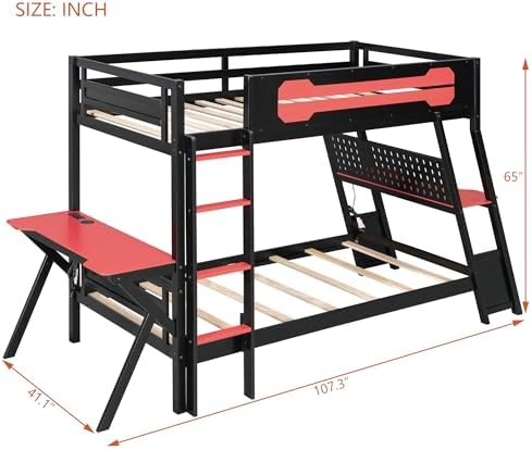 Polibi Twin Over Twin Bunk Bed with 2 Built-in Gaming Desks, USB Charging Ports & Pegboard Organizer, E-Sports Gaming Bed Frame for 2 Kids/Teens, Red (Twin Size) - Image 2