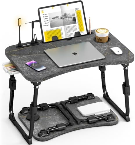 Lap Desk for Bed Adjustable Height, Foldable Bed Table with Storage Drawer, Tablet Slot & Cup Holder, Portable Laptop Stand for Bed & Sofa, Bed Desk for Adults & Kids, Deep Stone Color by OPKING
