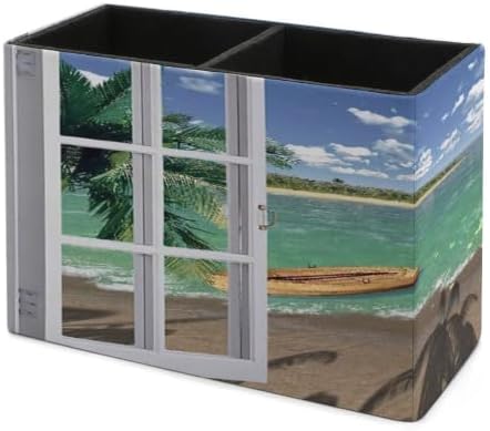 PU Leather Multi-Compartment Pen Holder Desktop Organizer Pencil Cup Storage Caddy for Office Home Supplies Wood Window Ocean Scenery Sand Sea Beach Theme - Image 7
