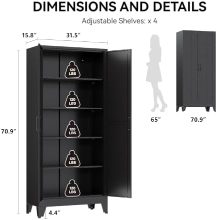 COFaR 71" Black Metal Storage Cabinet with Doors for Office and Garage - Image 2