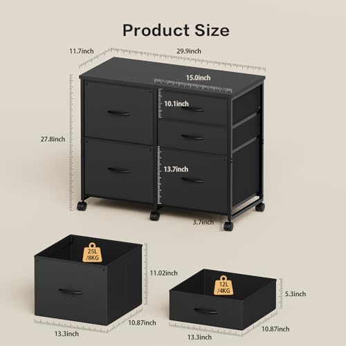 YeTom Lateral File Cabinet with 5 Drawers Rolling Filing Cabinets Under Desk Storage Printer Stand with Wheels,Mobile File Cabinet for Home Office,Black - Image 3