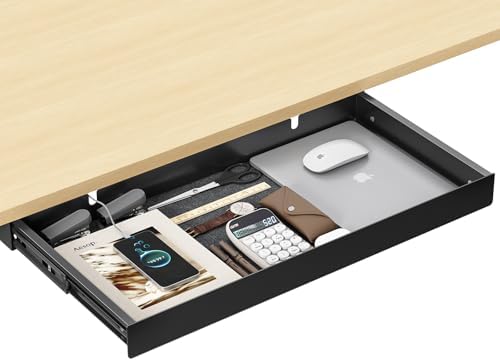 Under Desk Drawer,20.1 inch Carbon Steel Slide-Out Under Table Storage Organizer With Full Extension Ball-Bearing Slides,Undermount Drawer For Standing Desk & Home Office,Black by ERGOCOLLECT