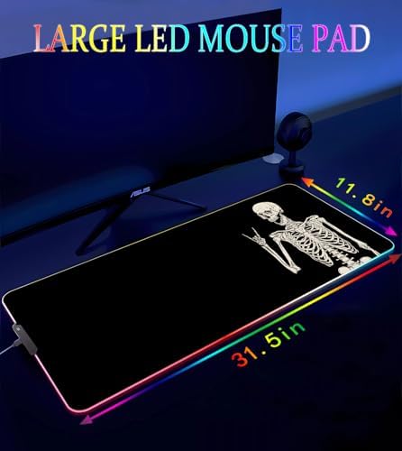 RGB Gaming Mouse Pad, Large Mousepad with Led Light, Big Keyboard Pad Gaming Accessories for Desk, Non-Slip Rubber Base Black Human Skeleton Mouse Mat for Gamer, 31.5 X 11.8 Inch - Image 4