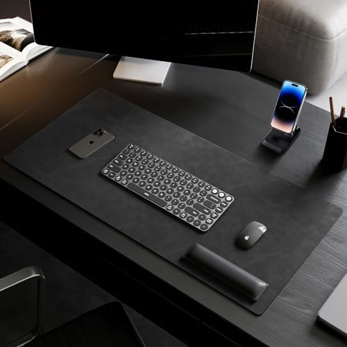 Leather Desk pad for Computer and laptops, Ideal for Gaming and Office use, Large Mouse pad and Keyboard mat,Desk mat Special for man. A complimentary Wrist pad and Phone Stand (Black, 39.37"*17.7") - Image 3