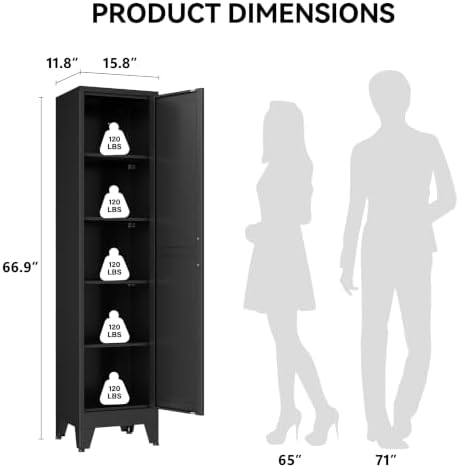 COFaR 67" Metal Pantry Cabinet, Black Storage Cabinet with Magnetic Door & 4 Adjustable Shelves, Slim Freestanding Cupboard for Office, Kitchen, Bathroom - Image 2
