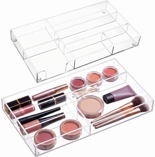 Briwooody 2 Pcs Clear Acrylic Desk Drawer Organizer 11 x 6 x 1.38 Inch Drawer Organizer Trays with 4 Compartments Desk Accessories for Office Makeup Silverware Bathroom by Briwooody