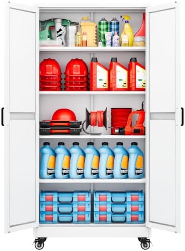 Wide & Deep Metal Storage Cabinet with Wheels,72 inch Tall Rolling Garage Storage Cabinet,Metal Cabinets with Wheels and Shelves, Deep Heavy Duty Tool Cabinet for Garage,Home,Office,Shop (White) by SISESOL