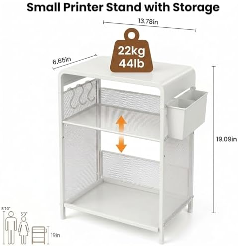 ECOLOVI Small 3 Tier Printer Stand for Under Desk, Height Adjustable Shelf Printer Table with 3 S-Hooks & Basket, Heavy Duty Industrial Storage Shelf for Home Office (White) - Image 3
