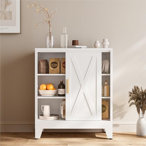 COFaR White 37" H Sliding Door Storage Cabinet, Half Open Half Closed Design, 3-Tier Kitchen Organizer with Adjustable Shelves, 150 lbs Top, Metal Coffee Bar & Buffet Sideboard for Dining Room by COFAR