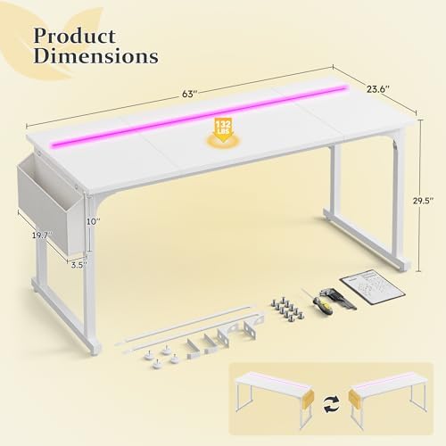 DurayLoly 63 Inch Computer Desk with Waterproof LED Lights for Bedroom - Image 2