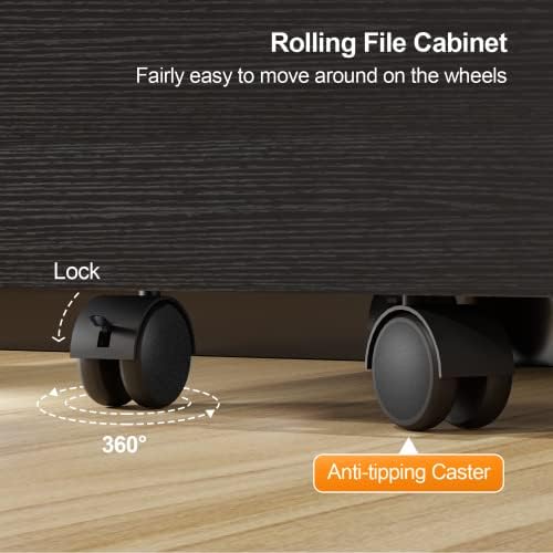 VINGLI 2-Drawer File Cabinet with Lock, Small Rolling Wood Filing Cabinet for Hanging Letter Size Filings with Tabs, Mobile Under Desk File Organizer for Home Office, Classic Black, 27.2" H - Image 6