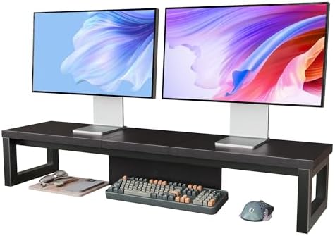 Dual Monitor Stand Riser, Wood and Steel Monitor Stand for Desk, Multi-Purpose Desk Shelf Organizer for Computer, Laptop, Printer, TV, Black by Unknown
