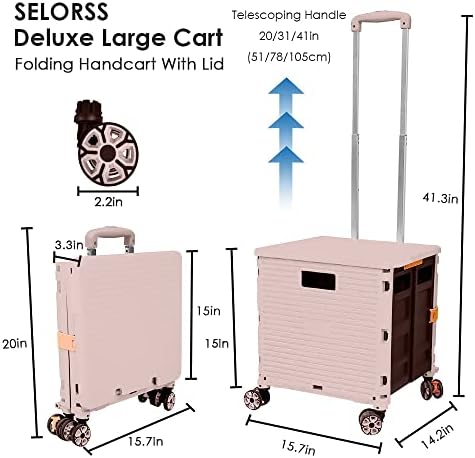 Foldable Utility Cart Portable Collapsible Crate Rolling Carts with Wheels Rolling Tote Basket Teacher Cart with Lid Wear-Resistant 360°Rotate Wheel Noiseless for Shopping Storage Office Use - Image 5
