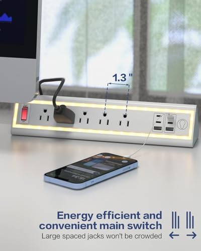 Desk Clamp Power Strip with Nightlight, 40W Fast Charging, 10FT Extension Cord, 4x20W USB-C & 2 USB Ports, 5 AC Outlets, Fits 1.69-Inch Table Edges - Image 6