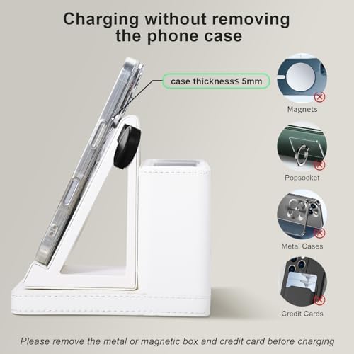 LADSTAG Leather Desk accessories Pen Holder with 3-in-1 Wireless Charger for Phone, Earbuds, Watch Multifunctional Desktop Phone Stand for Office and Home,birthday gifts,gifts for him (white) - Image 7
